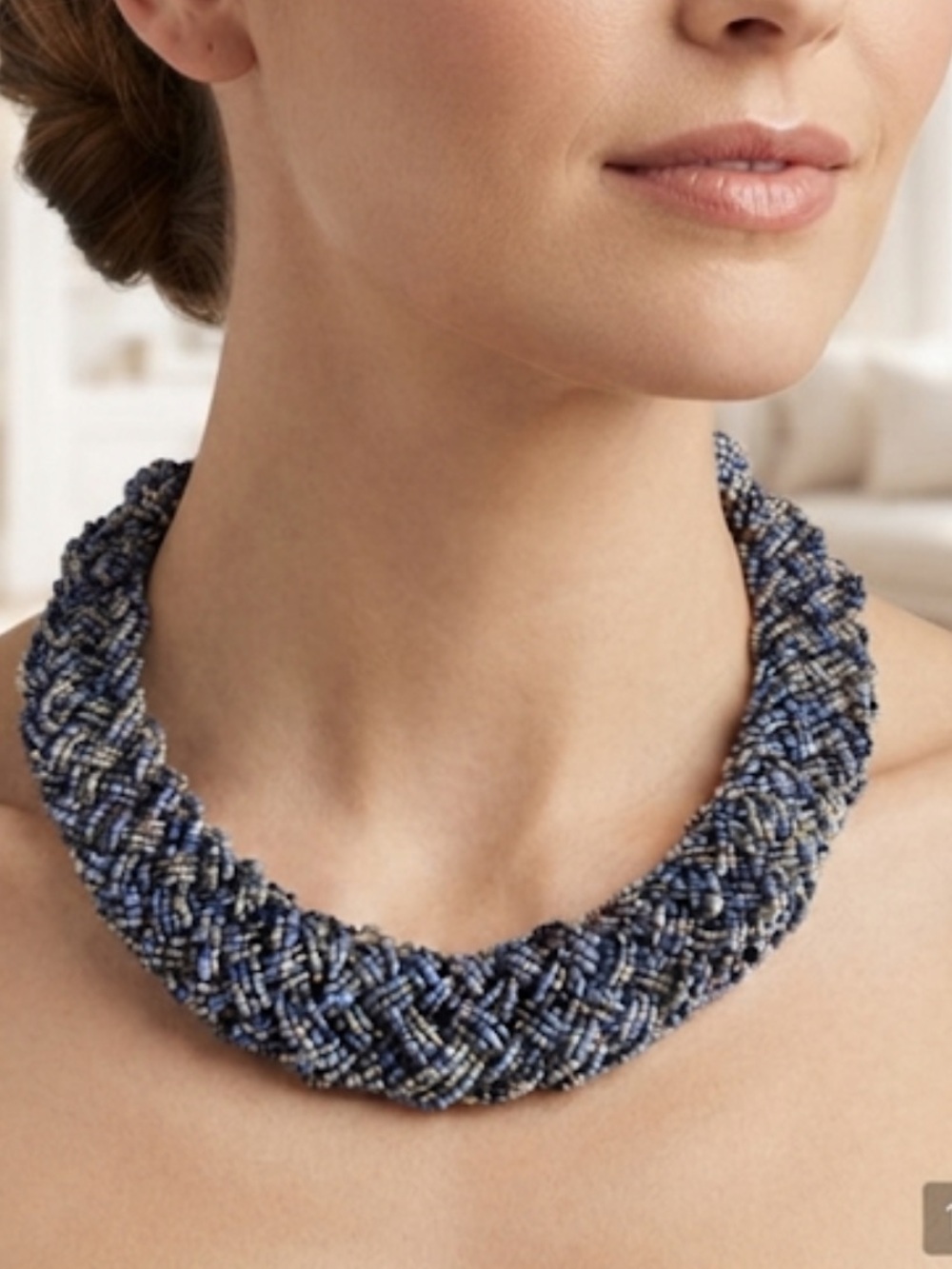 Dress Barn Braided Blue and Gold Seed Bead Necklace